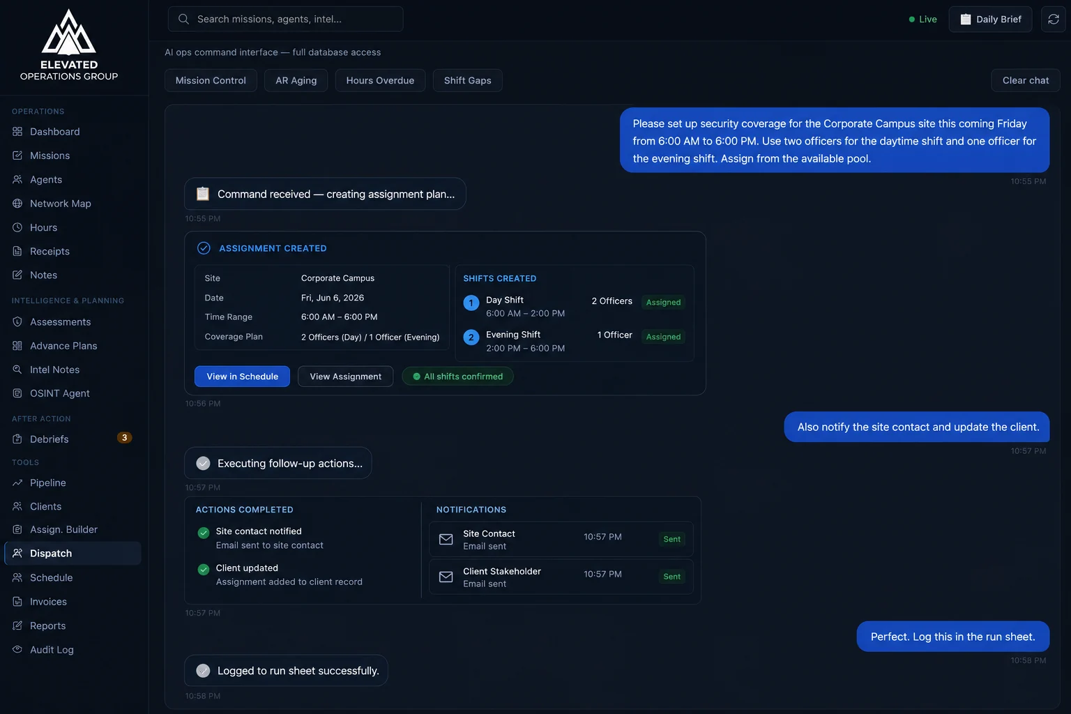 Elevated Ops AI dispatch creating an assignment from a plain-language command