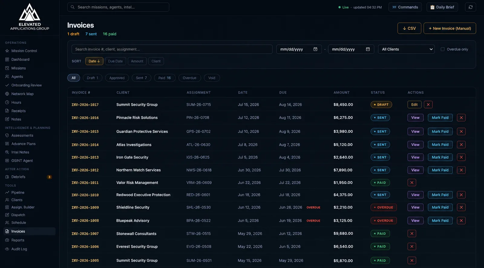 Elevated Ops invoices, reconciled from mission hours and receipts