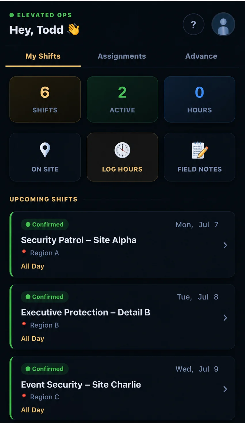 Elevated Ops mobile field app with shifts and hours logging